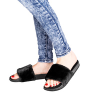 Klapki damskie z futerkiem LS-89070 Czarne