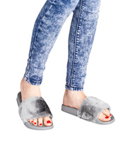 Klapki damskie z futerkiem LS-89070 Szare